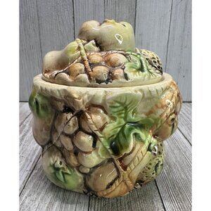 Vtg Ceramic Hand-Painted Tilso Japanese Fruit Decorated Biscuit Jar W/ Lid 4.5"